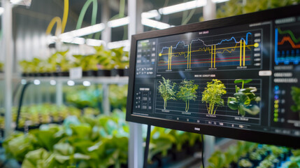 A screen showing real-time data of plant growth in an indoor hydroponic farm, emphasizing smart agriculture and plant monitoring technology with a focus on digital farming solutions