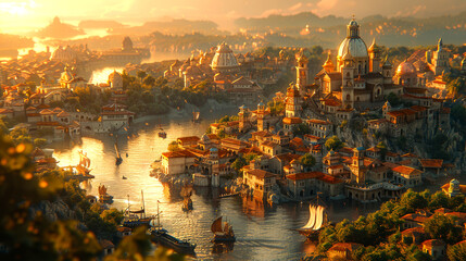 Naklejka premium wide city view of medieval