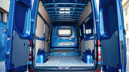A low rear view of the open back doors and trunk area inside an empty blue van
