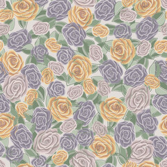 Pink, Yellow, and Purple Roses Packed onto a Pale Background creating a seamless pattern print background
