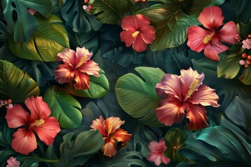 Tropical Flowers in Lush Green Foliage