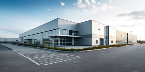 Modern warehouse building exterior, building servicing or car service buildings, Cargo transportation and logistics, with a parking lot on a blue sky background, Car repair or service concept.