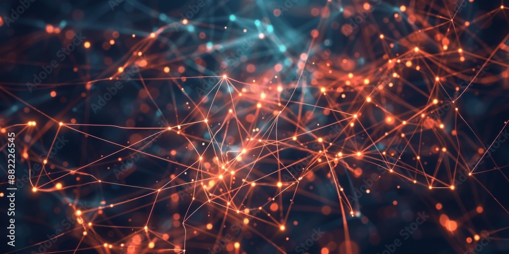 Poster colorful nodes and interconnecting lines illustrating a network or neural pathways in a digital real