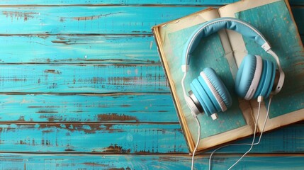 Top view of headphones on book cover blue wooden background