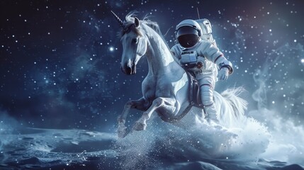 Fototapeta premium Surreal astronaut and unicorn galloping on a shimmering path of stardust