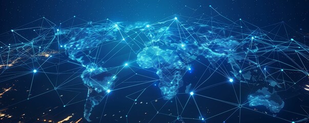 A world map with digital connections and data points, tech, blue, minimalist, global network