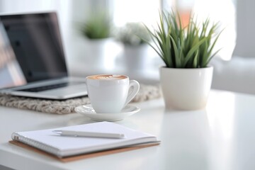 a minimalist desk setup with a laptop, a notebook, a pen, and a cup of coffee. 