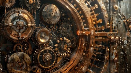 Obraz premium A steampunk bank vault filled with gold coins and intricate gears, vintage tones, digital painting, detailed