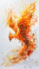 A mythical phoenix rising from the ashes in a fiery explosion, fantasy setting, watercolor, dynamic...