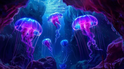 Bioluminescent jellyfish floating in a neon underwater cave, futuristic colors, digital art, vibrant and detailed