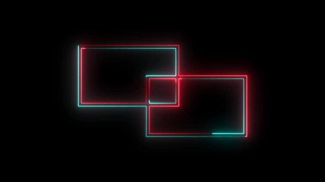  Abstract Glowing saber rectangle neon frame on black background.