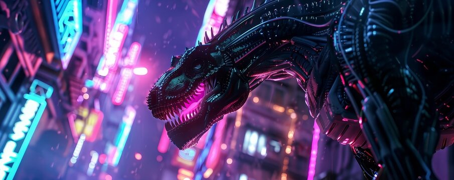 Cyberpunk dinosaur with glowing cybernetic eyes, dark cityscape, neon accents, 3D render, high detail