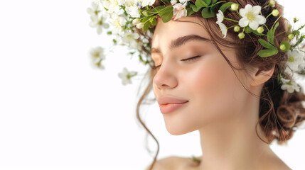 Fototapeta premium Serene Woman with Flower Crown in Peaceful Portrait Photography