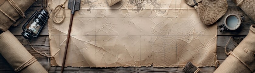 Vintage explorer's desk with old maps, compass, lantern, and cup on wooden surface. Top view with blank space for text on parchment.