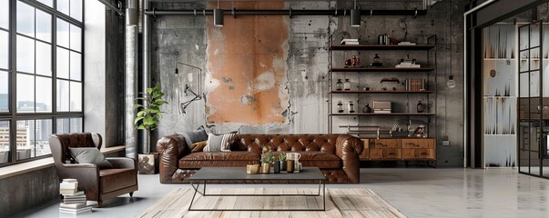 Industrial living room with an empty floating shelf.