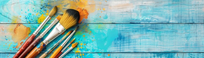 Fototapeta premium Various paintbrushes on a colorful wooden background, ideal for creative artwork and painting projects. Perfect for art-related content.