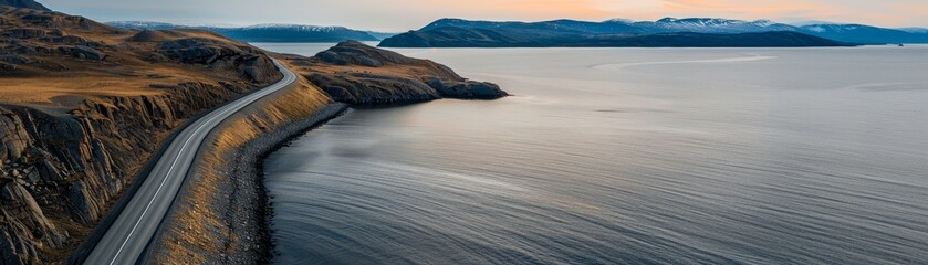 A serene coastal road winding along the edge of a rocky landscape with tranquil water and distant mountains under a calm sky at dusk.