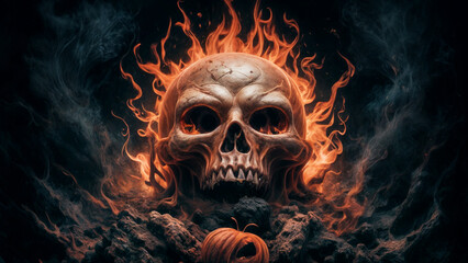 Flaming Skull Guardian: Hellfire's Halloween Harvest - Horizontal Dark Fantasy Art