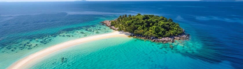 Aerial view of a lush green island surrounded by turquoise waters and white sandy beaches, perfect paradise getaway destination.