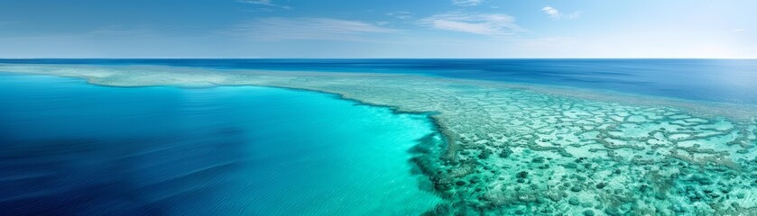 Fototapeta premium Aerial view of a beautiful coral reef and clear blue waters in the ocean under a clear sky, showcasing tropical marine beauty and aquatic life.