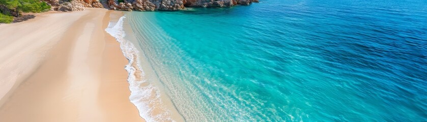 A serene tropical beach with golden sand, clear turquoise water, and rocky cliffs under a bright blue sky, perfect for relaxation and vacation.