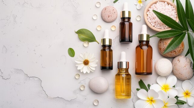 A collection of essential oil bottles, flowers, and spa items on a white background, perfect for relaxation and wellness imagery.