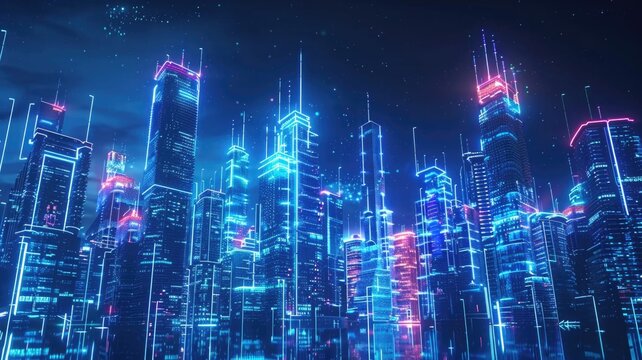 futuristic city with buildings interconnected by visible light communication (VLC) systems,