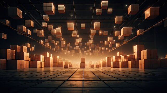 Abstract Warehouse with Boxes Suspended in Mid-Air. - Powered by Adobe