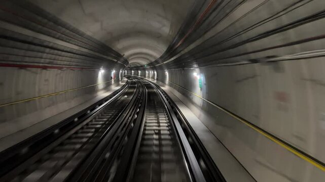 4K. Time lapse automatic train subway tunnel fast speed. Metro subway with a tunnel and a train moving fast. Tube lines in the tunnel. 4K.Time lapse automatic train subway tunnel fast speed
