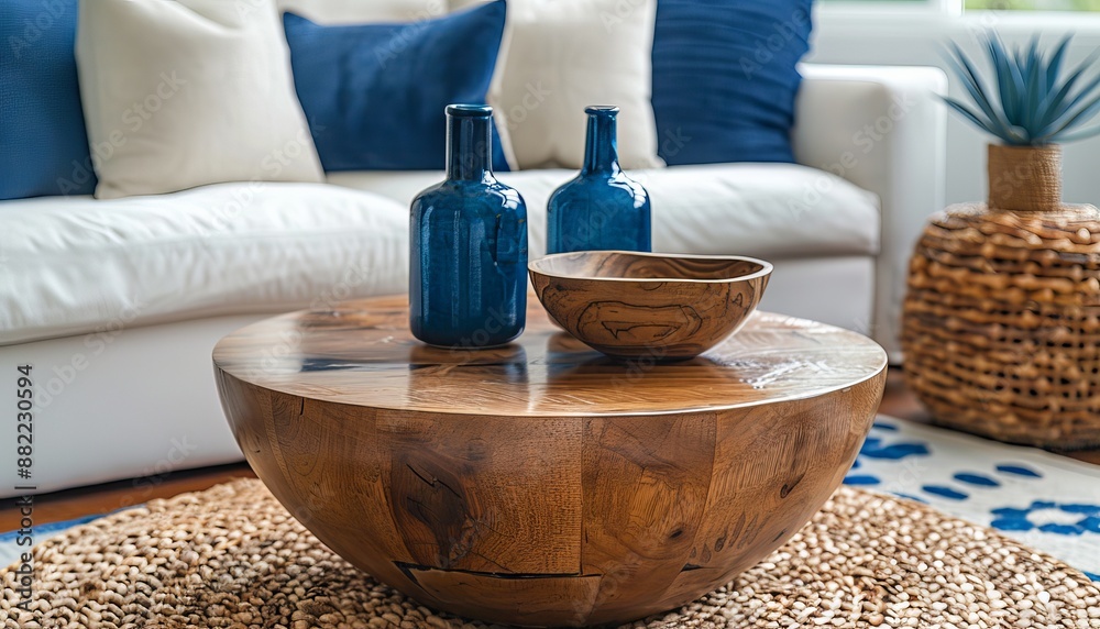 Poster a coffee table with vases and a bowl on it, in front of a modern sofa with white cushions and navy b