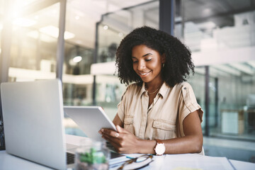 Woman, working and tablet in workplace for business, browsing and planning schedule on digital app. Communication, email and employee in creative agency, online and company website with professional