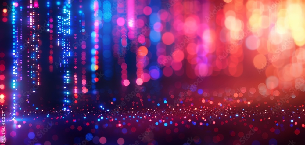 Poster Glowing binary code and data flow create an abstract digital background, serving as an AI technology wallpaper with blue, purple, and red colors and a bokeh effect.