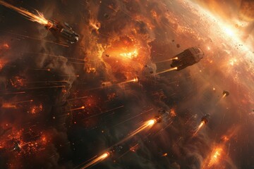 Fototapeta premium Epic Space Battle with Spaceships and Explosions in a Fiery Galactic War Scene