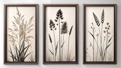set of three vertical poster, plant silhouette meadow grass, dry ear of grass,