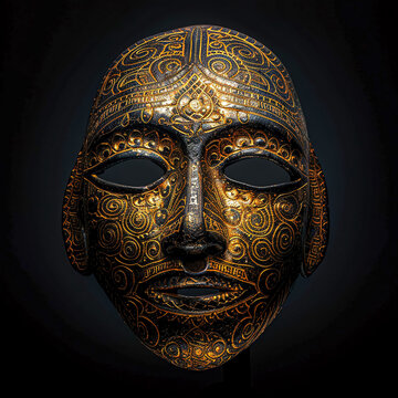 Ancient Gold Mask, intricate patterns, artifact from lost civilization, photography, backlighting, Vignette