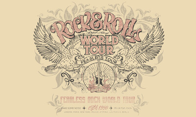 Make some noise. music world tour logo. Rock and roll graphic print design for apparel, stickers, posters and background. Eagle fly vector artwork design for t-shirt and others.