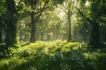 Obraz premium Enchanting forest glade with sunlight streaming through the trees, illuminating the lush foliage.