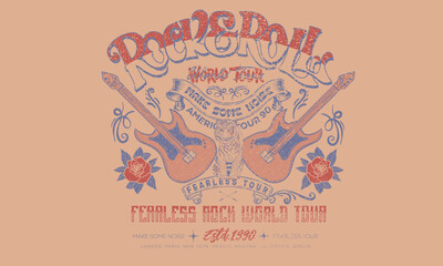 Guitar with flower Fearless music tour. Tiger vintage vector t shirt design. Rock and roll with wing logo artwork for apparel and others.