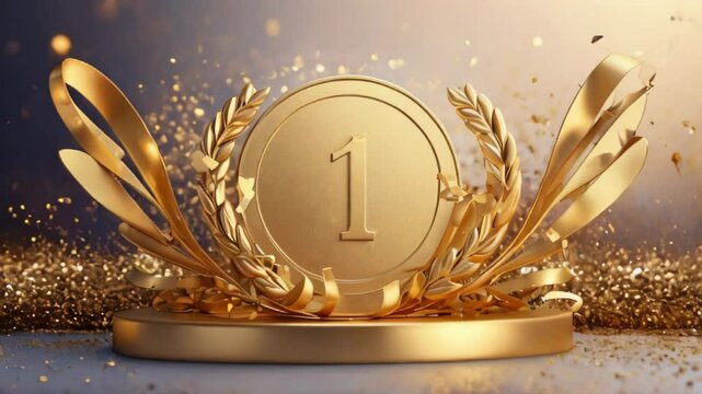 Number 1 on a gold pedestal, decorated with a wreath of golden leaves, falling confetti. Concept of victory, first place, prize fund, Olympic games and championships. AI