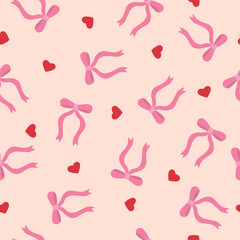 Trendy seamless pattern with ribbon bows and red hearts.