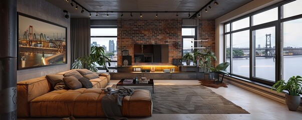 Sleek urban apartment with industrial elements.