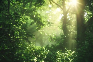 Fototapeta premium Tranquil forest scene with lush green trees and sunlight filtering through the canopy.