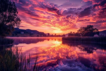 Vibrant sunrise over a tranquil lake, painting the sky with hues of orange and pink.
