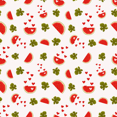  Vector seamless pattern with the image of the halves of the hearts of ripe red watermelon. With the image of watermelon leaves and seeds on a monochrome background. Summer background in a flat style