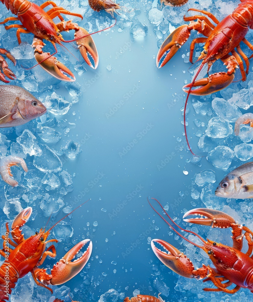 Sticker Fresh seafood on ice background. Lobsters and fish displayed on ice. Delicious catch. Food photography concept for culinary use. Vibrant and colorful presentation. AI