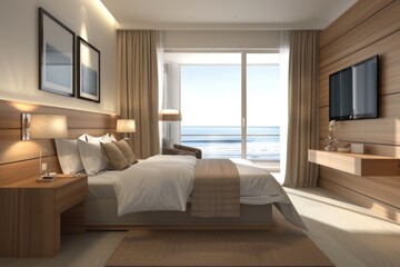 Luxury modern and contemporary hotel room interior, Cozy modern bedroom suite, Big double bed