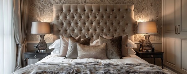 Sumptuous bedroom with custom headboard and opulent textiles.