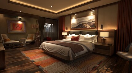 Luxury modern and contemporary hotel room interior, Cozy modern bedroom suite, Big double bed