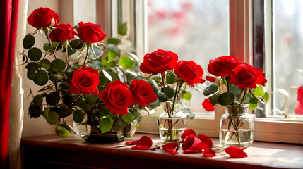 Red roses beside the window