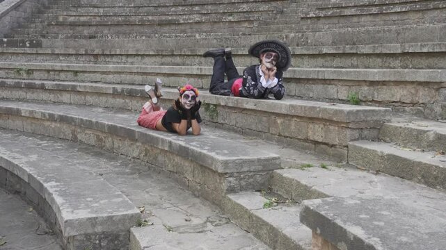 Catrin and Catrina Dancing Synchronously on Stone Steps